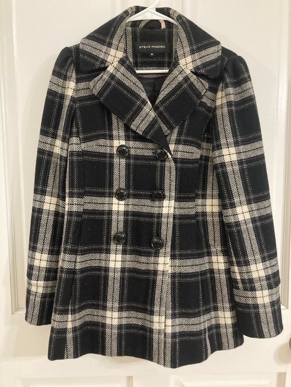 Steve Madden Black and White Plaid Double-Breasted Peacoat